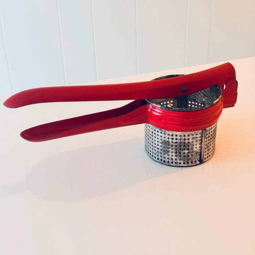 Vintage Red Metal Potato Ricer Fruit Press Kitchen Tool Farmhouse Cottage Decor